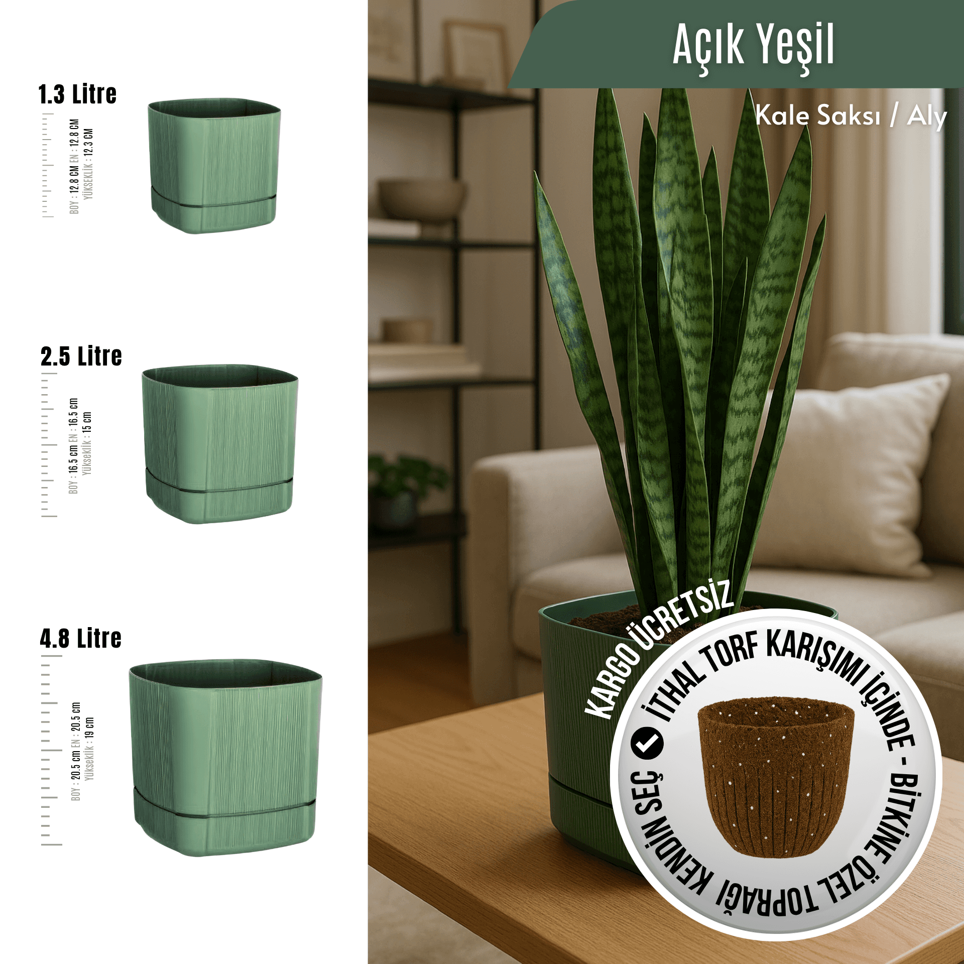 Kale Tabaklı Bitki Saksısı | Açık Yeşil (3 Boy Seçenekli) | İthal Torf Hediye